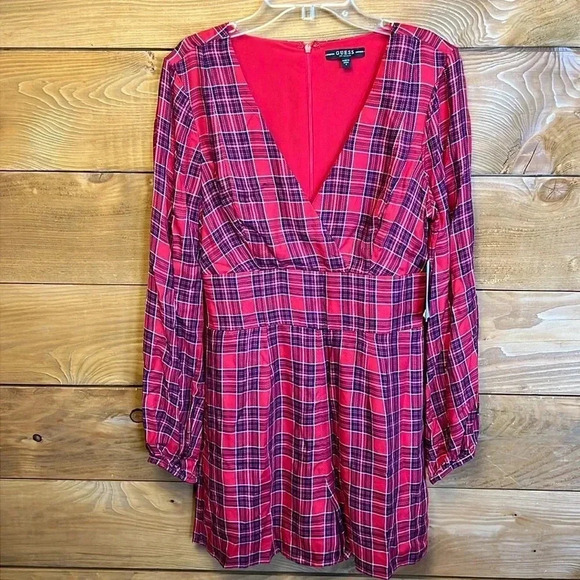 Guess Womens Kingsroad plaid red LS‎ Dacey Romper Summer vneck Y2K streetwear - Picture 1 of 9